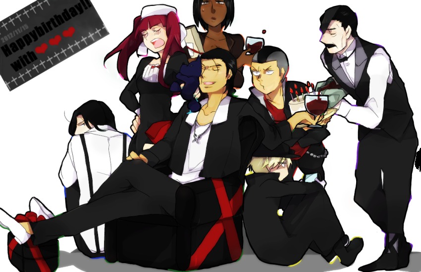10s 2012 2girls 5boys black_hair bleach cake dated dokugamine_riruka english_text food ginjou_kuugo happy_birthday jackie_tristan kutsuzawa_giriko multiple_boys multiple_girls red_hair shishigawara_moeh tsukishima_shuukurou yukio_hans_vorarlberna