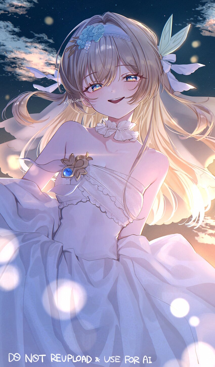 1girl absurdres alternate_costume bare_shoulders blue_eyes blue_pupils bow breasts choker collarbone commentary dress firefly_(honkai:_star_rail) frilled_choker frills hair_bow hairband highres honkai:_star_rail honkai_(series) imasaki_kei light_blush long_hair looking_at_viewer outdoors sky small_breasts smile solo strapless strapless_dress twitter_username white_background white_bow white_dress white_hairband