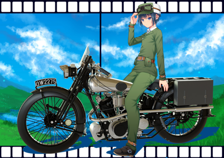 1girl 3d absurdres ano_hito black_hair blue_eyes commentary_request full_body goggles goggles_on_headwear green_jacket hat highres jacket kino_(kino_no_tabi) kino_no_tabi lake mixed_media motor_vehicle motorcycle mountain pouch short_hair sitting solo