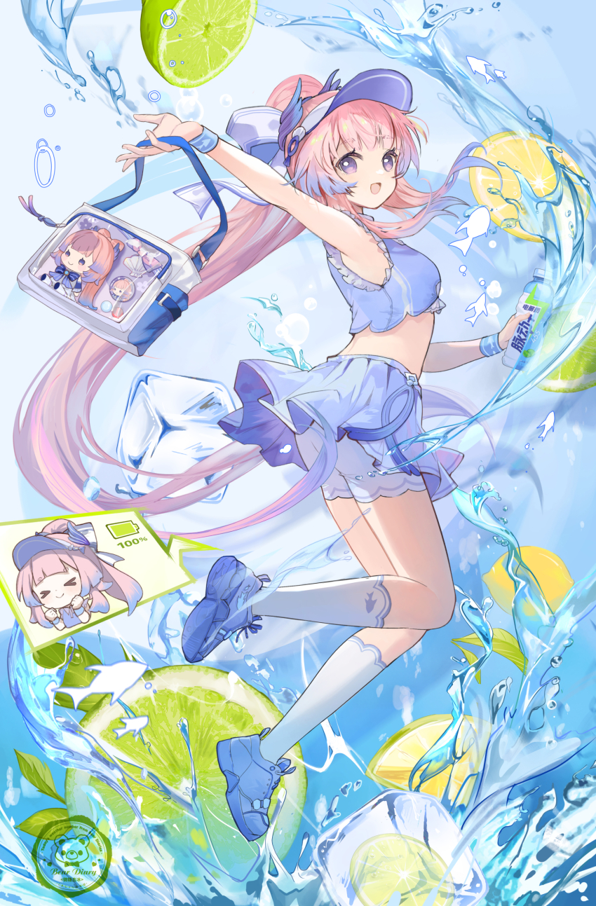 1girl absurdres animal_print bag blue_hair blue_shirt blue_shoes blue_skirt bottle bow bright_pupils character_doll colored_tips doll fish_print floating_hair food fruit full_body genshin_impact hair_bow highres holding holding_bag holding_bottle ice ice_cube issign kneehighs lemon lemon_slice long_hair looking_at_viewer multicolored_hair official_alternate_costume official_alternate_hairstyle open_mouth pink_hair ponytail sangonomiya_kokomi sangonomiya_kokomi_(pulse+) shirt shoes skirt sleeveless sleeveless_shirt smile socks solo very_long_hair visor_cap water white_pupils white_socks