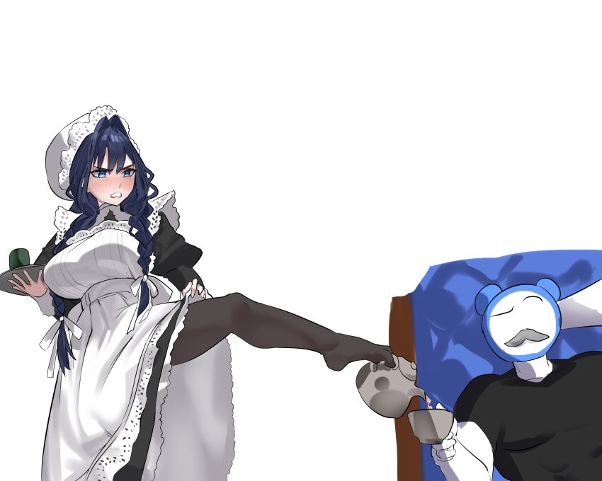 absurdres alarm_clock apron black_dress black_hair black_shoes blue_eyes blush braid breasts clock disgust double-parted_bangs dress duster fangs feet frilled_apron frilled_hat frills hair_between_eyes hair_intakes hat highres holding_with_feet hololive hololive_english koizumi_arata kronie_(ouro_kronii) large_breasts long_hair low_twin_braids maid maid_apron mob_cap official_alternate_costume official_alternate_hairstyle ouro_kronii ouro_kronii_(maid) shoes tea toes twin_braids victorian_maid virtual_youtuber white_apron white_hat