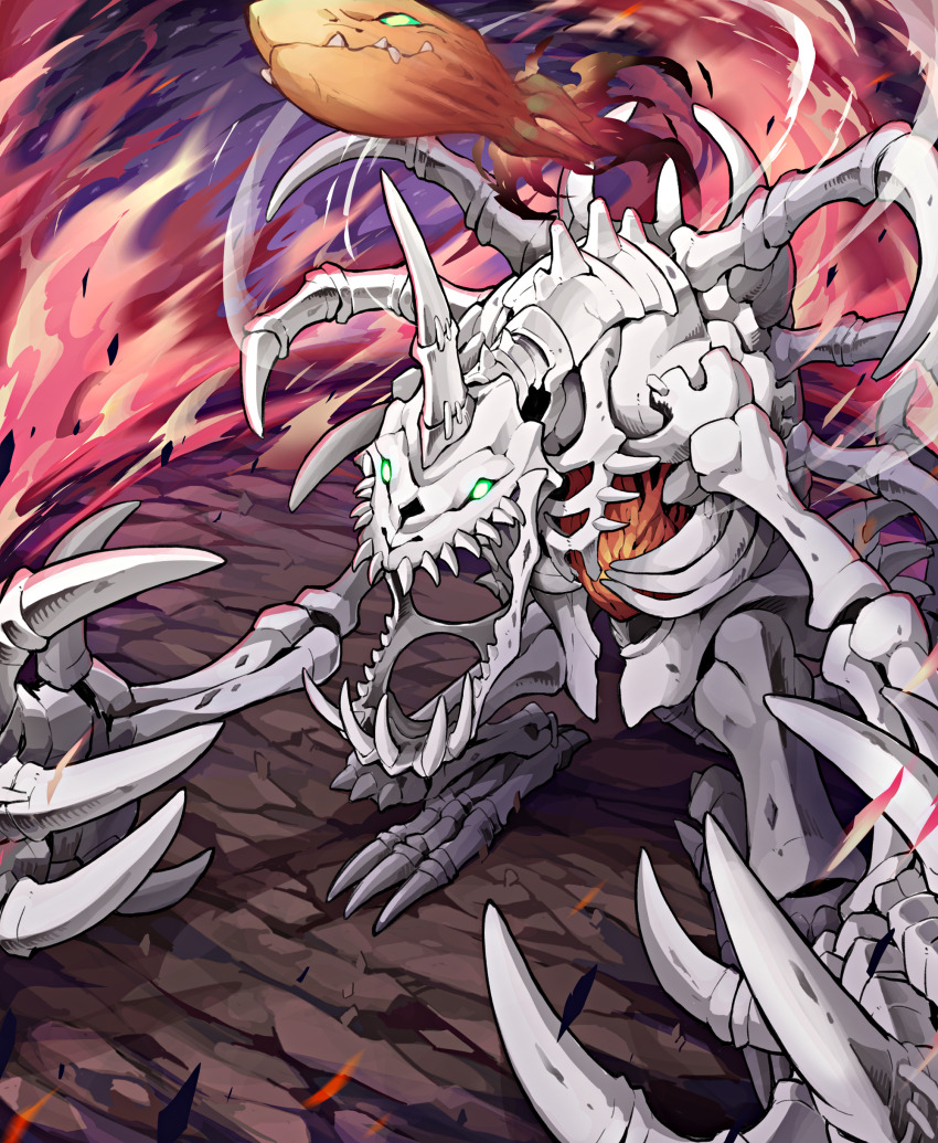 absurdres claws commentary_request digimon digimon_(creature) energy firing green_eyes gunjima_souichirou highres horns missile monster no_humans open_mouth sharp_teeth single_horn skeleton skullgreymon solo spikes standing teeth