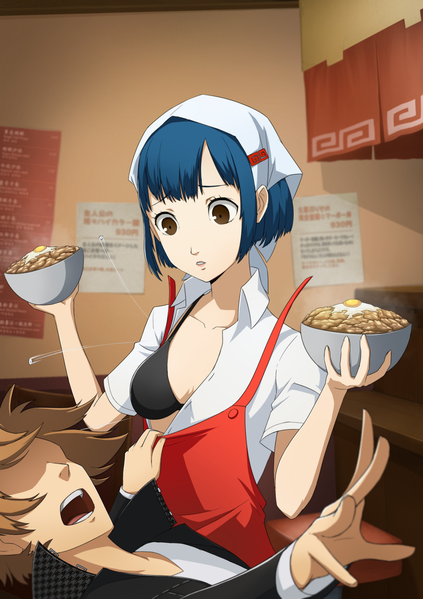 1boy 1girl absurdres accidental_exposure apron assisted_exposure black_bra blue_hair bowl bra breast_slip breasts brown_eyes brown_hair buttons cleavage commission commissioner_upload egg faceless faceless_male falling food hanamura_yousuke headscarf highres holding medium_breasts nakamura_aika non-web_source open_clothes open_mouth open_shirt persona persona_4 persona_4_the_animation popped_button ryusentzumi school_uniform shirt short_hair underwear waitress worried