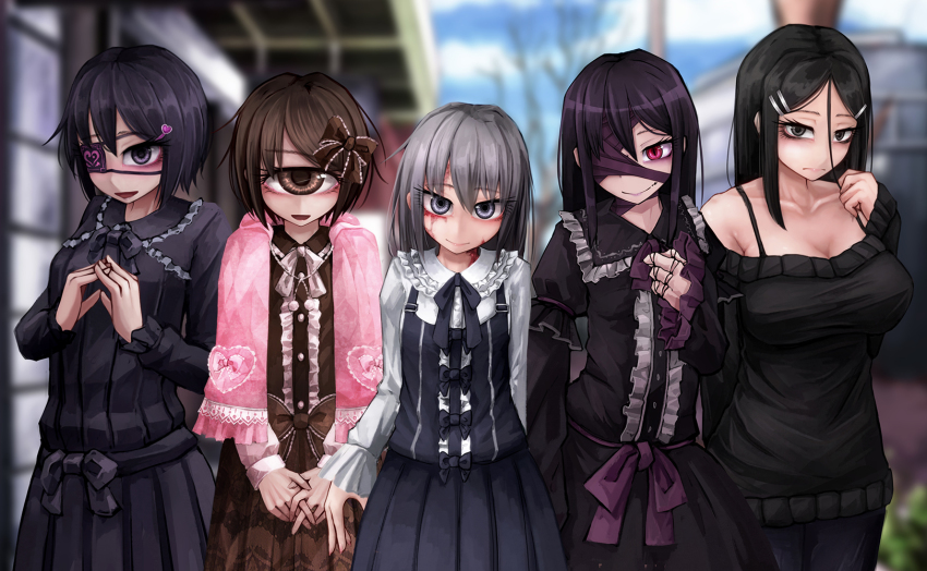 5girls :d ageha_(ray-k) arm_behind_back arms_behind_back asymmetrical_sleeves black_dress black_eyes black_hair black_sweater blurry blurry_background bow breasts brown_dress brown_eyes brown_hair burn_scar cleavage collarbone commentary_request copyright_request cyclops doll_joints dorei_to_no_seikatsu_~teaching_feeling~ dress eyepatch eyeshadow frilled_dress frills frown fukasugi_aiko grey_eyes grey_hair hair_between_eyes hair_bow hair_ornament hairclip hand_on_own_chest heart heart_hair_ornament highres hitomebore joints large_breasts long_hair looking_at_viewer makeup monster_girl multiple_girls off-shoulder off-shoulder_sweater off_shoulder one-eyed one_eye_covered open_mouth original own_hands_clasped own_hands_together parted_bangs ray-k red_eyes ribbon scar shawl shizuko_(ray-k) short_hair sidelocks slit_pupils smile sweater sylvie_(dorei_to_no_seikatsu) uneven_sleeves usui_sachi