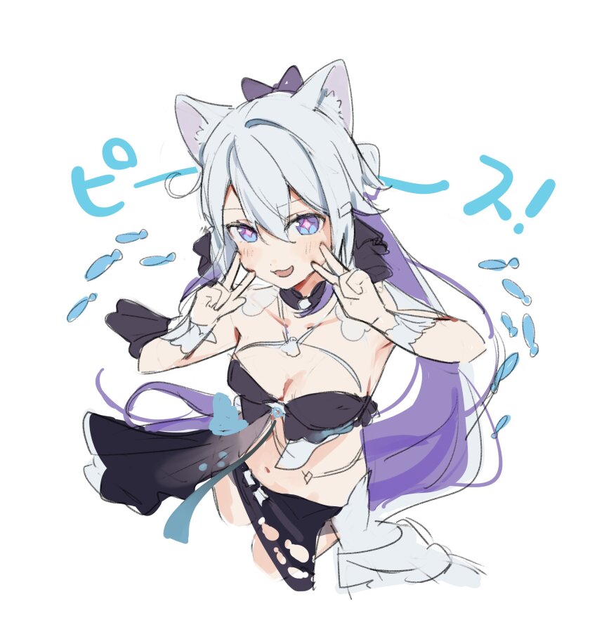 1girl absurdres animal_ears bikini black_bikini blue_eyes breasts cat_ears cleavage cropped_legs hair_between_eyes highres honkai_(series) honkai_impact_3rd kiana_kaslana kiana_kaslana_(herrscher_of_finality) kiana_kaslana_(selenic_ripples) long_hair medium_breasts midriff navel roena star-shaped_pupils star_(symbol) swimsuit symbol-shaped_pupils v white_background white_hair