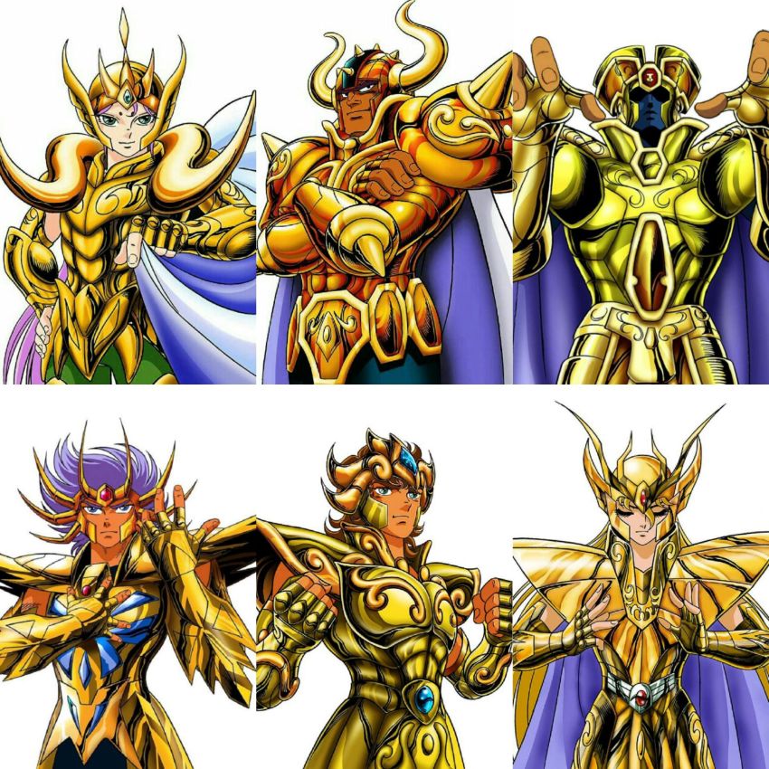 1980s_(style) 6+boys absurdres araki_shingo aries_muu armor blonde_hair blue_eyes blue_skin cancer_deathmask cape clenched_hands closed_eyes colored_skin crossed_arms dark-skinned_male dark_skin diamond facial_mark forehead_mark gemini_saga gold_saint golden_armor unworn_headwear helmet unworn_helmet highres horns leo_aiolia long_hair multiple_boys oldschool purple_eyes purple_hair ram_horns retro_artstyle saint_seiya shadowed taurus_aldebaran very_long_hair virgo_shaka