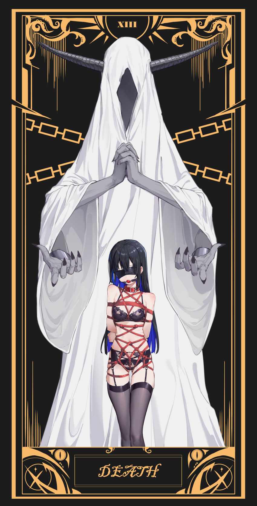 1girl 1other absurdres arms_behind_back ball_gag bdsm black_blindfold black_hair blindfold blue_hair bondage bound bound_arms collar colored_inner_hair colored_skin death_(tarot) extra_arms gag garter_belt garter_straps grey_skin highres horns long_hair looking_at_viewer multicolored_hair original own_hands_clasped own_hands_together shibari standing tarot thighhighs variant_set xiongmao