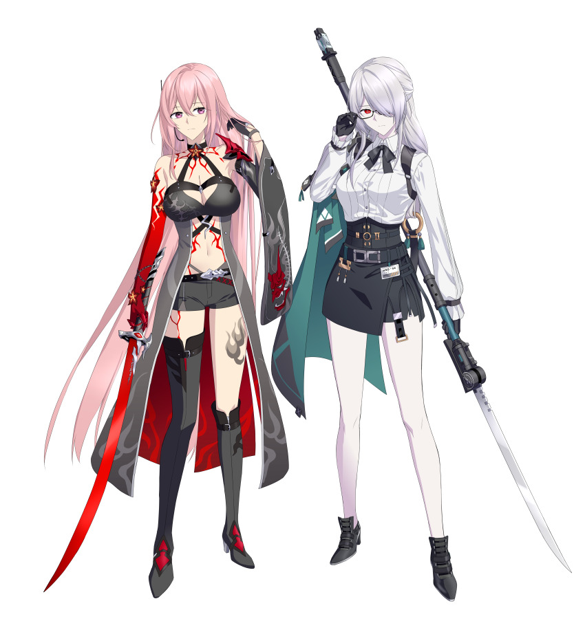 2girls absurdres acheron_(honkai:_star_rail) acheron_(honkai:_star_rail)_(cosplay) bare_shoulders black-framed_eyewear black_boots black_bow black_bowtie black_gloves black_high_heels black_shorts black_skirt boots bow bowtie breasts cleavage cosplay costume_switch glasses gloves grey_hair hair_between_eyes high-waist_skirt high_heel_boots high_heels highres holding holding_polearm holding_sword holding_weapon honkai:_star_rail honkai_(series) katana large_breasts leg_tattoo long_hair long_sleeves looking_at_viewer midriff mihoyo multiple_girls naginata navel pink_hair polearm purple_eyes red_eyes shirt short_shorts shorts simple_background skirt stomach suprii sword tattoo tsukishiro_yanagi tsukishiro_yanagi_(cosplay) very_long_hair voice_actor_connection weapon white_background white_shirt zenless_zone_zero