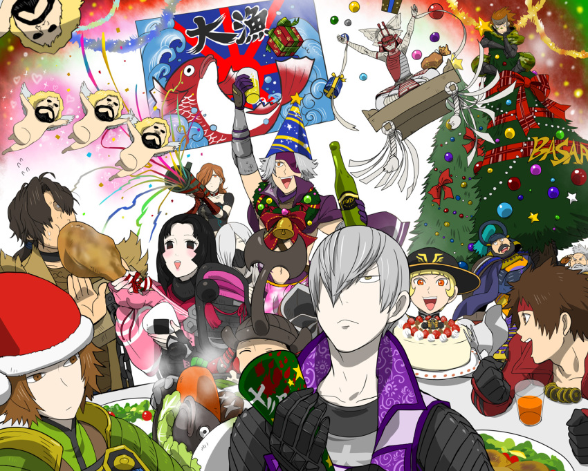 2girls 6+boys akechi_mitsuhide bandages brown_hair cake chosokabe_motochika christmas christmas_tree eyepatch fish food helmet highres ishida_mitsunari kobayakawa_hideaki kuroda_kanbei mouri_motonari multiple_boys multiple_girls oichi otani_yoshitsugu otomo_sorin saika_magoichi sanada_yukimura sarutobi_sasuke sengoku_basara streamers tachibana_muneshige takeda_shingen white_hair