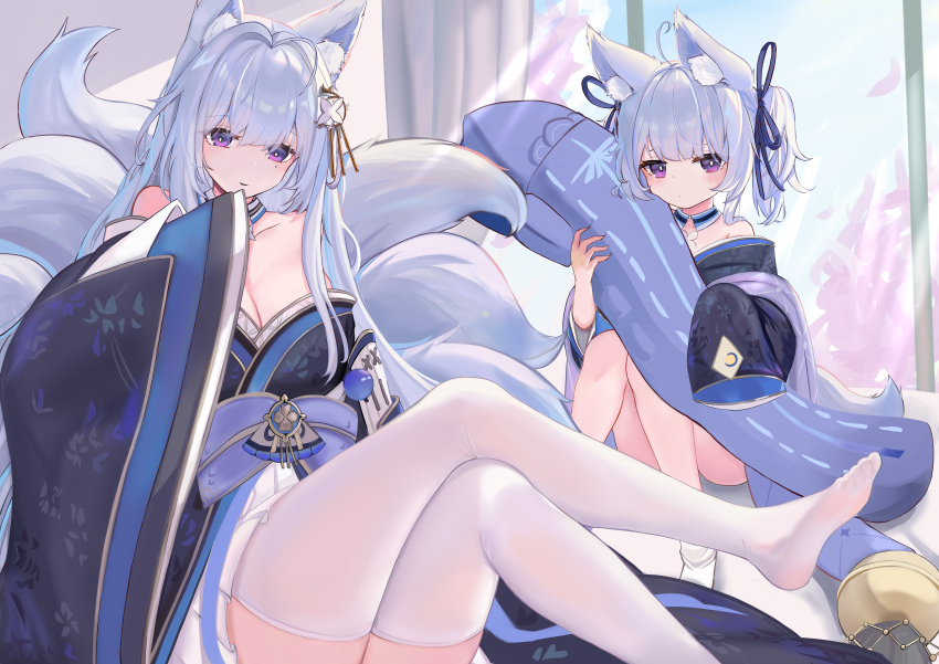 2girls absurdres animal_ear_fluff animal_ears azur_lane bare_shoulders blue_collar blue_eyes blue_kimono blue_ribbon breasts cleavage collar collarbone fox_ears fox_girl fox_tail grey_tail hair_ribbon highres holding holding_pillow huge_breasts japanese_clothes kimono kitsune kyuubi large_breasts large_tail leg_warmers long_sleeves looking_at_viewer mother_and_daughter multiple_girls multiple_tails pillow purple_eyes ribbon shinano-chan_(azur_lane) shinano_(azur_lane) skirt skirt_under_kimono sleeves_past_fingers sleeves_past_wrists tail thighhighs white_leg_warmers white_skirt white_thighhighs wide_sleeves xian_yu_qiezi_bao333 zettai_ryouiki