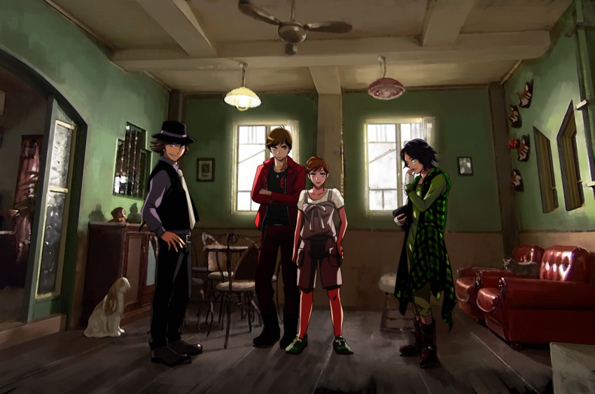 1girl 3boys ashi_ura backlighting black_footwear black_hair black_pants black_vest boots brown_hair ceiling ceiling_fan ceiling_light chair clipboard couch crossed_arms curtains dog door framed green_shirt hand_on_own_hip hat hidari_shoutarou holding indoors jacket kamen_rider kamen_rider_w legs_apart long_sleeves looking_at_viewer multiple_boys narumi_akiko necktie open_clothes open_jacket pants philip philip_(kamen_rider) photo_(object) picture_frame plant polka_dot potted_plant red_jacket red_pants room shadow shirt shoes short_sleeves shorts smile smoking_pipe sneakers standing statue stool table terui_ryu terui_ryuu vest window wooden_floor