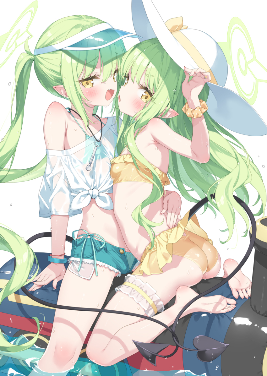 2girls alternate_costume ass bare_shoulders barefoot bikini bikini_skirt blue_archive blush bow breasts demon_tail denim denim_shorts fang feet gloves green_bikini green_hair green_halo hair_between_eyes halo hat highres hikari_(blue_archive) inflatable_raft inflatable_toy kani_biimu loli long_hair looking_at_viewer looking_back multiple_girls nozomi_(blue_archive) off_shoulder open_mouth pointy_ears ribbon see-through_clothes see-through_shirt shirt shorts siblings sidelocks sisters sitting small_breasts smile soles straw_hat sun_hat sweatdrop swimsuit tail thigh_strap thighs toes twins twintails very_long_hair visor_cap water wet white_shirt yellow_eyes