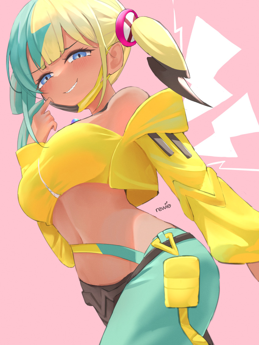 1girl blue_eyes breasts canari_(pokemon) crop_top dark_skin green_eyes green_pants highres jacket long_hair looking_at_viewer mask medium_breasts mouth_mask navel nintendo pants parted_lips pokemon pokemon_(creature) pokemon_legends:_z-a revvie smile solo stomach teeth twintails yellow_eyes yellow_jacket