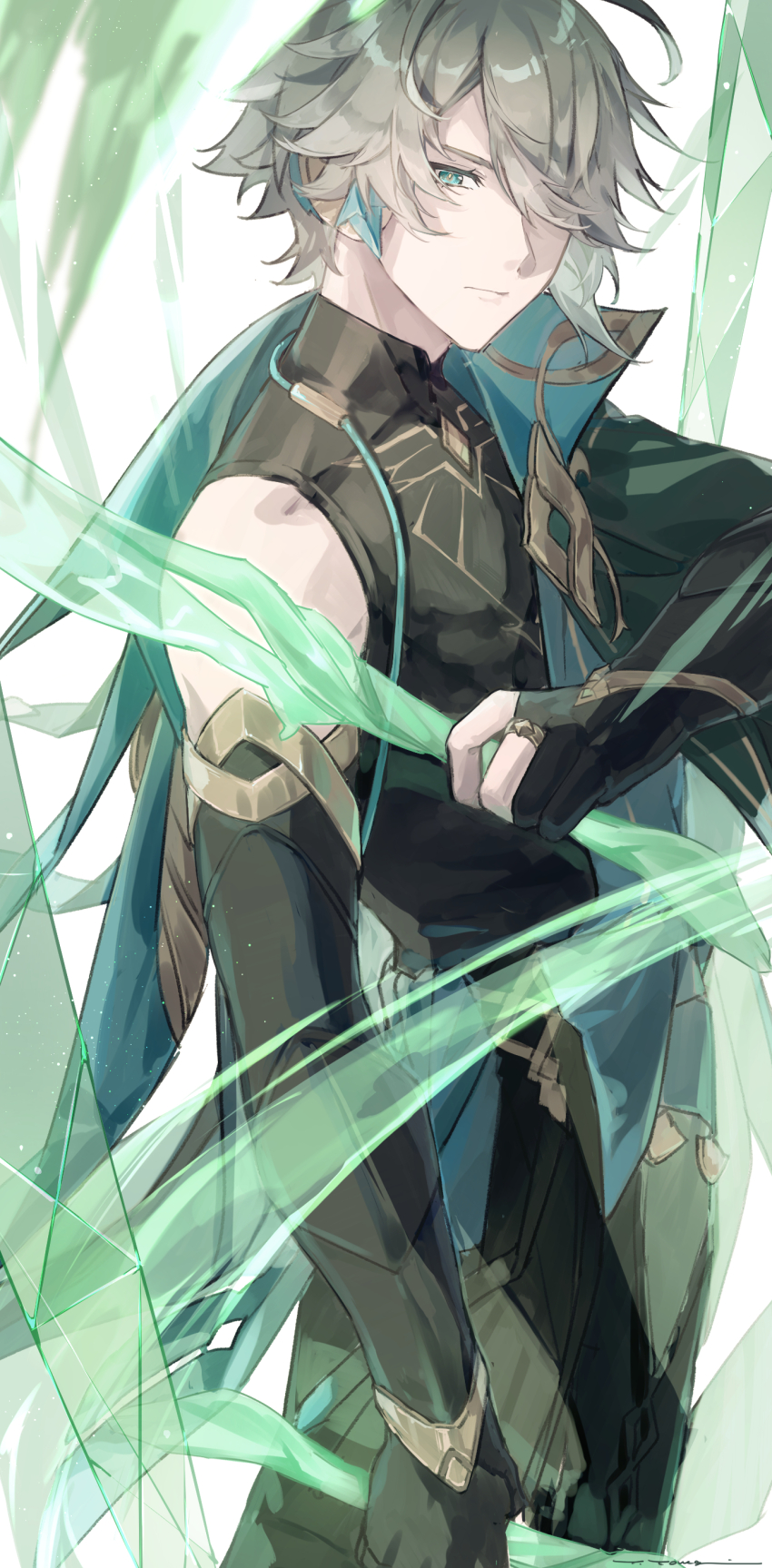 1boy absurdres ahoge alhaitham_(genshin_impact) black_cape black_gloves black_pants cape closed_mouth compression_shirt detached_sleeves genshin_impact gloves gold_ring gold_trim green_cape green_eyes grey_hair head_tilt headpiece highres holding holding_weapon jewelry looking_at_viewer middle_ring pants partially_fingerless_gloves ring shirt short_hair sleeveless sleeveless_shirt solo weapon yama_ta_yomogi