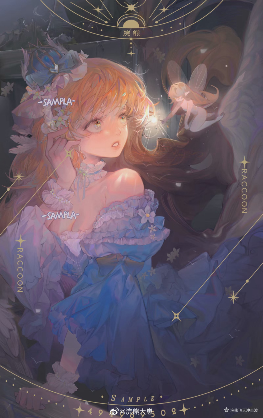 2girls absurdres angel_wings bare_shoulders bead_bracelet beads blue_bow blue_crown blue_dress blue_flower blue_ribbon bow bra bracelet breasts brown_hair chinese_commentary choker cleavage commentary_request completely_nude cowboy_shot crown dress eyelashes fairy fairy_wings feathered_wings fingernails floating_hair flower frilled_bra frilled_bracelet frilled_choker frilled_dress frills glowing gown hair_bow hair_flower hair_ornament hand_in_own_hair highres huanxiong_dazai jewelry kneeling light_particles long_dress long_hair long_sleeves looking_at_another medium_breasts mini_crown mini_person minigirl multiple_girls neck_ribbon night nude open_mouth orange_hair original pink_lips pointy_ears ribbon solo_focus sparkle surprised teeth transparent_wings underwear very_long_hair white_bra white_wings wide-eyed wings