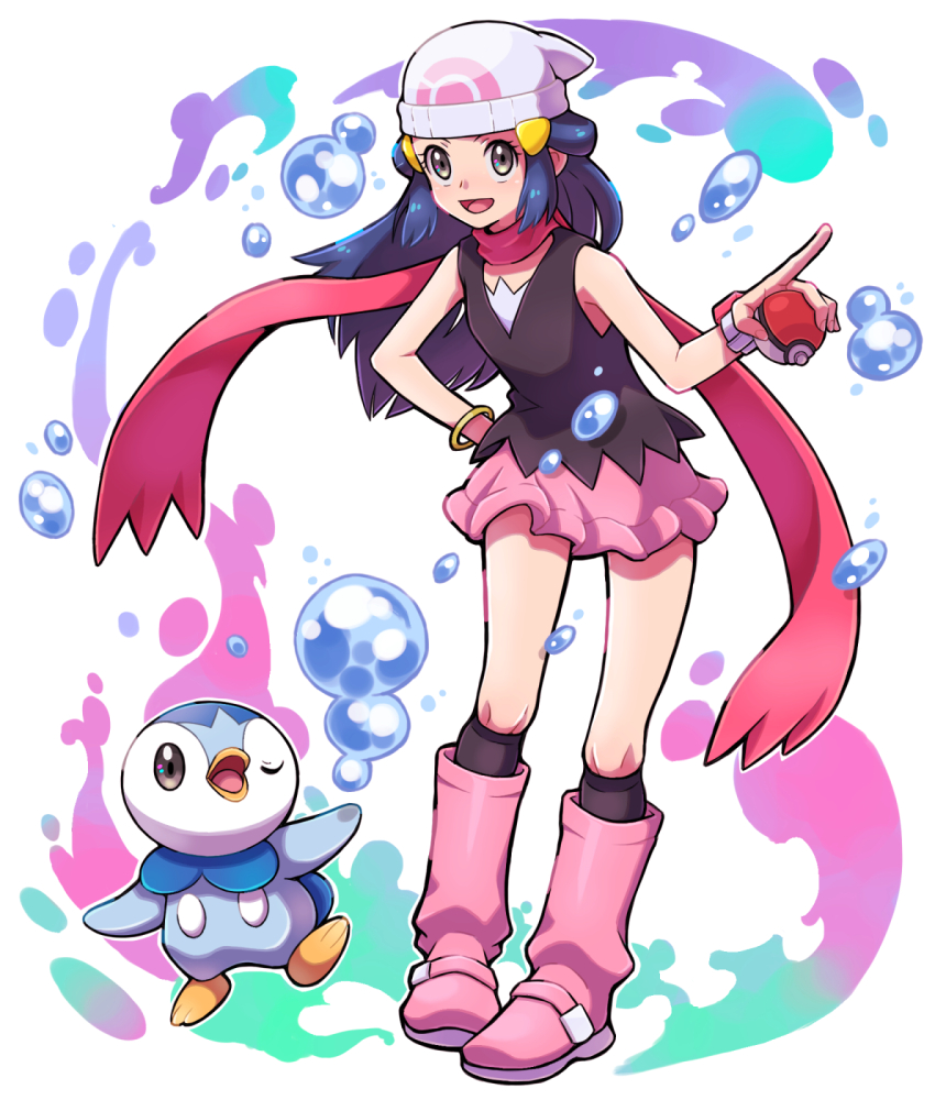 1girl :d bangle bare_shoulders black_shirt black_socks blue_hair boots bracelet brown_eyes bubble cyaneko dawn_(pokemon) eyelashes gen_4_pokemon hair_ornament hairclip hand_on_own_hip hat highres holding holding_poke_ball jewelry kneehighs long_hair looking_at_viewer nintendo open_mouth pink_boots pink_skirt piplup poke_ball poke_ball_(basic) pokemon pokemon_(anime) pokemon_(creature) pokemon_dppt_(anime) red_scarf scarf shirt skirt sleeveless sleeveless_shirt smile socks standing water white_hat