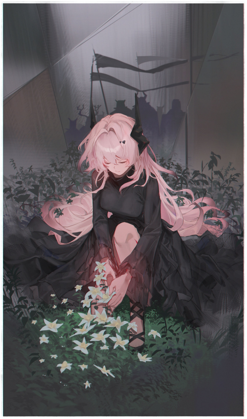 1girl absurdres arknights black_dress black_shoes breasts commentary_request danzir dress flower full_body hair_between_eyes hair_intakes hair_spread_out highres horns long_hair long_sleeves medium_breasts on_one_knee pennant pink_hair plant shoes solo theresa_(arknights) very_long_hair white_flower wide_sleeves