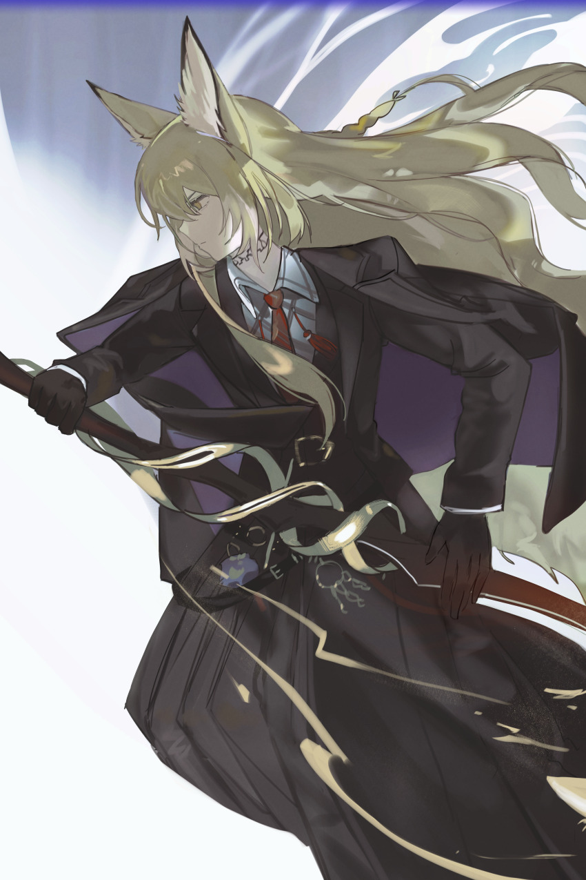 1girl absurdres animal_ear_fluff animal_ears arknights black_gloves black_jacket black_skirt black_suit blonde_hair braid closed_mouth collared_shirt formal_clothes fox_ears fox_girl gloves highres holding holding_sword holding_weapon jacket long_hair necktie open_clothes profile red_necktie shirt skirt solo suit sword vest vulpisfoglia_(arknights) waistcoat weapon white_shirt wing_collar yellow_eyes yuishironeko