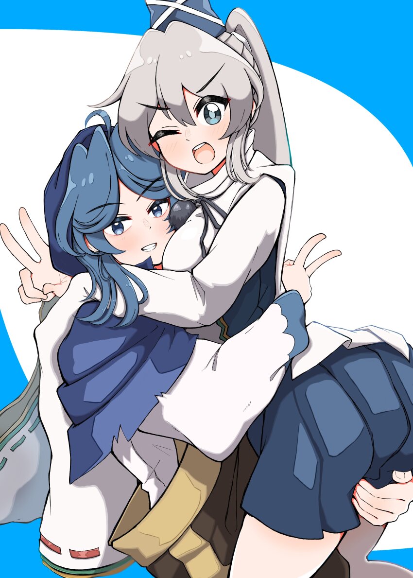 2girls ;o absurdres black_headwear blue_background blue_hair blue_skirt commentary double_v grey_hair gurajio hat highres hood japanese_clothes kariginu kumoi_ichirin long_sleeves medium_hair mononobe_no_futo multiple_girls one_eye_closed ponytail ribbon-trimmed_sleeves ribbon_trim skirt tate_eboshi teeth touhou two-tone_background upper_teeth_only v v-shaped_eyebrows white_background yuri
