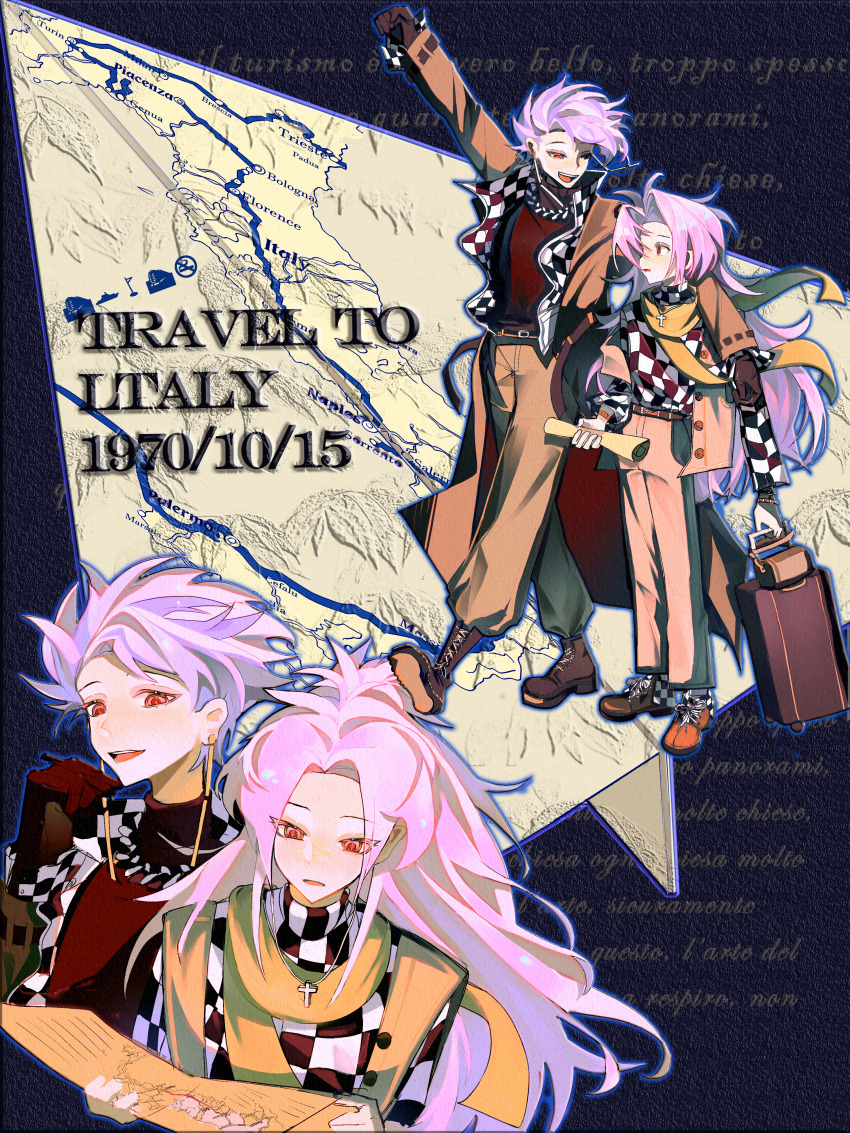 2boys absurdres apron black_gloves black_sweater brown_pants checkered_apron checkered_clothes checkered_shirt chinese_commentary commentary_request english_text gloves hatsutori_hajime heart heart_necklace height_difference highres holding holding_map holding_suitcase jacket jewelry jiejie_you_binbin long_sleeves male_focus map map_(object) multiple_boys necklace official_alternate_costume open_clothes open_jacket open_mouth pants parted_bangs pink_hair purple_hair red_eyes saibou_shinkyoku scarf shirt short_hair smile suitcase sweater theodore_riddle turtleneck turtleneck_sweater yellow_scarf