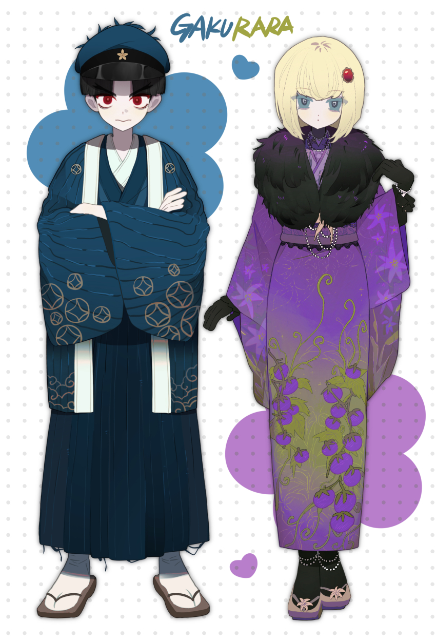 1boy 1girl absurdres anzekeye black_gloves black_hair black_socks blonde_hair blue_eyes blue_hakama blue_haori blue_hat blue_kimono blue_skirt bracelet chinese_commentary closed_mouth commentary_request crossed_arms feather_boa geta gloves hair_ornament hakama hakama_skirt haori hat highres japanese_clothes jewelry kimono long_sleeves looking_at_viewer maruko_gaku necklace obi oosuzuki_kurara polka_dot polka_dot_background print_kimono purple_kimono purple_sash red_eyes sandals sash short_hair skirt socks standing the_hundred_line_-last_defense_academy- v-shaped_eyebrows white_background white_socks wide_sleeves zouri