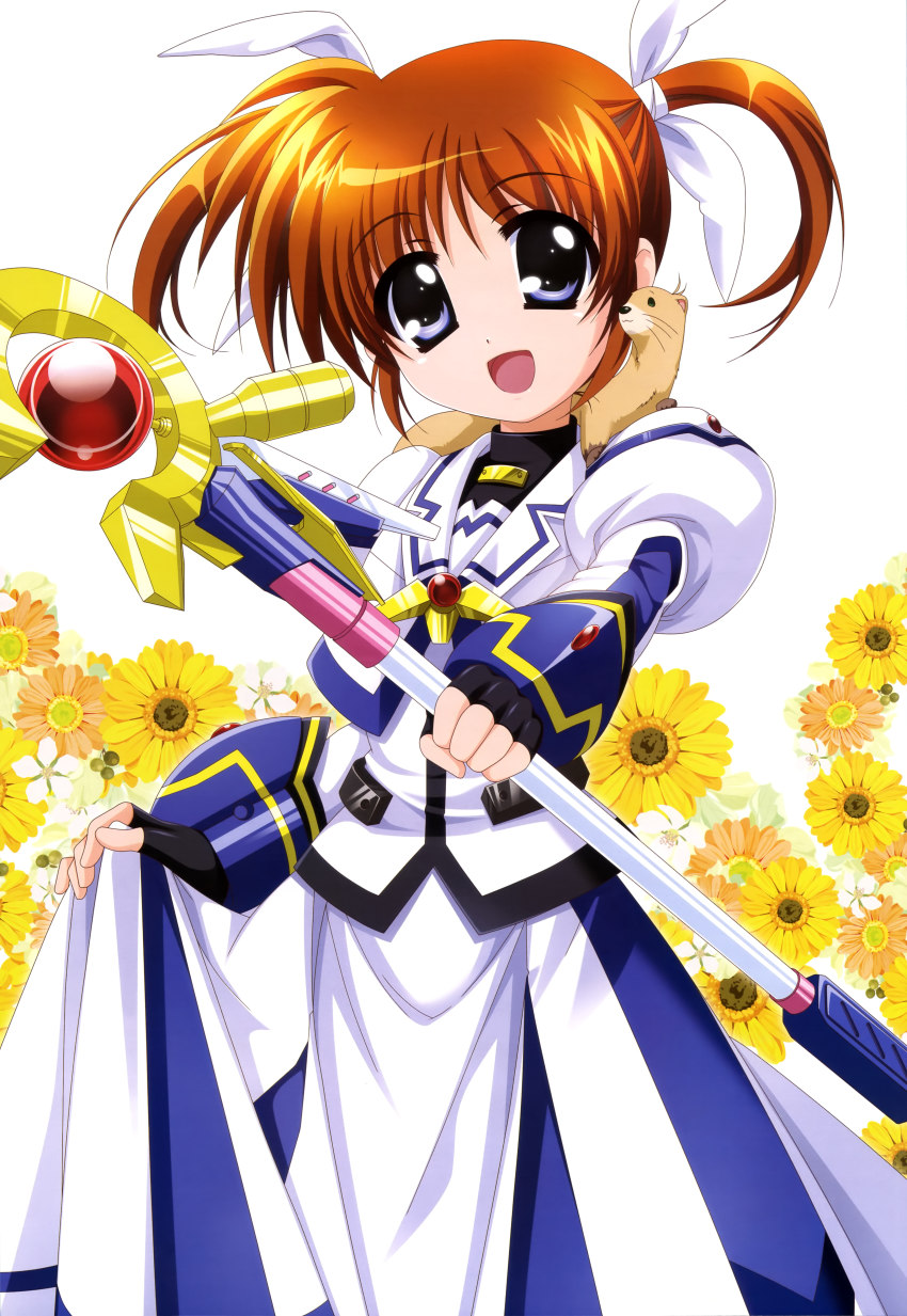 00s 1girl absurdres blue_eyes brown_hair fingerless_gloves gloves higa_yukari highres lyrical_nanoha mahou_shoujo_lyrical_nanoha non-web_source nyantype official_art open_mouth raising_heart raising_heart_(device_mode)_(1st) short_twintails takamachi_nanoha takamachi_nanoha_(movie_1st_mode) twintails yuuno_scrya