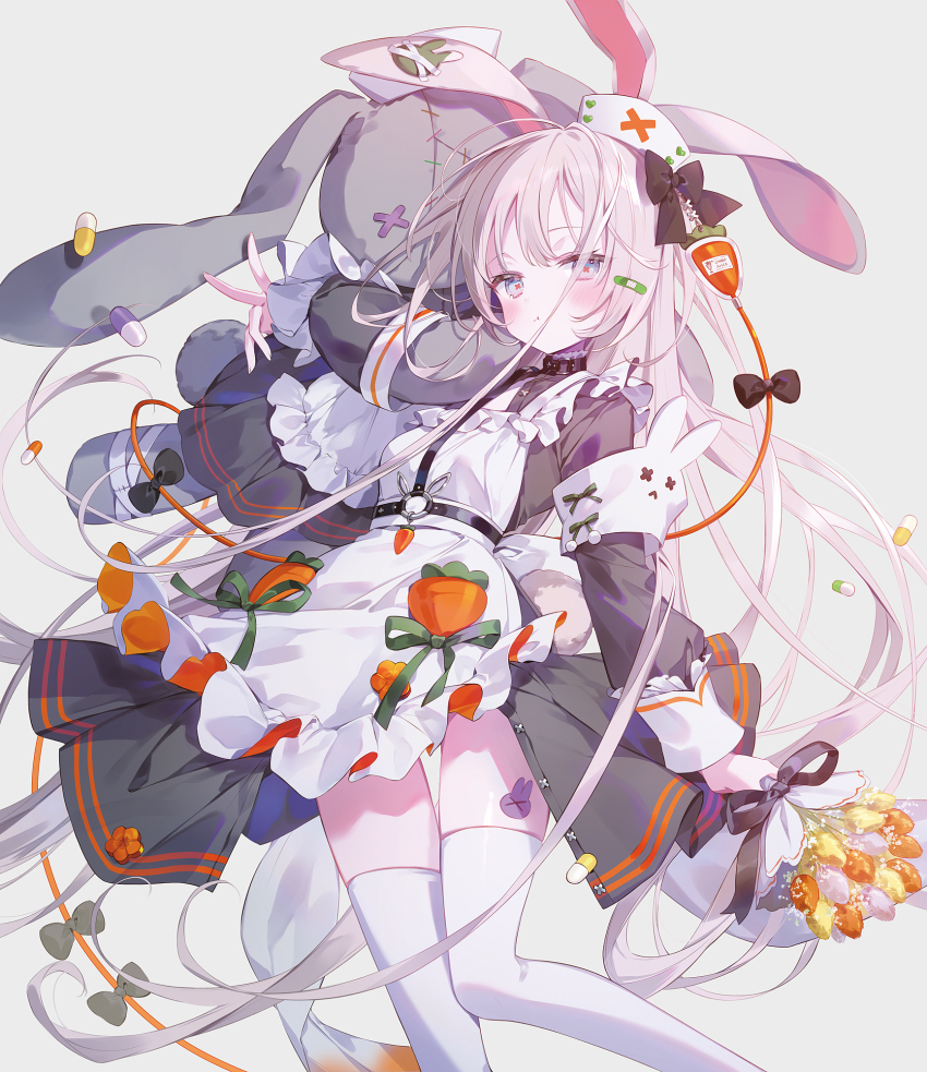 1girl apron armband black_dress blush bouquet cowboy_shot dress flower grey_background grey_eyes hat highres holding holding_bouquet ibara_riato long_hair nurse_cap original simple_background sleeve_cuffs solo standing stuffed_animal stuffed_rabbit stuffed_toy thighhighs v white_hair x_x zettai_ryouiki