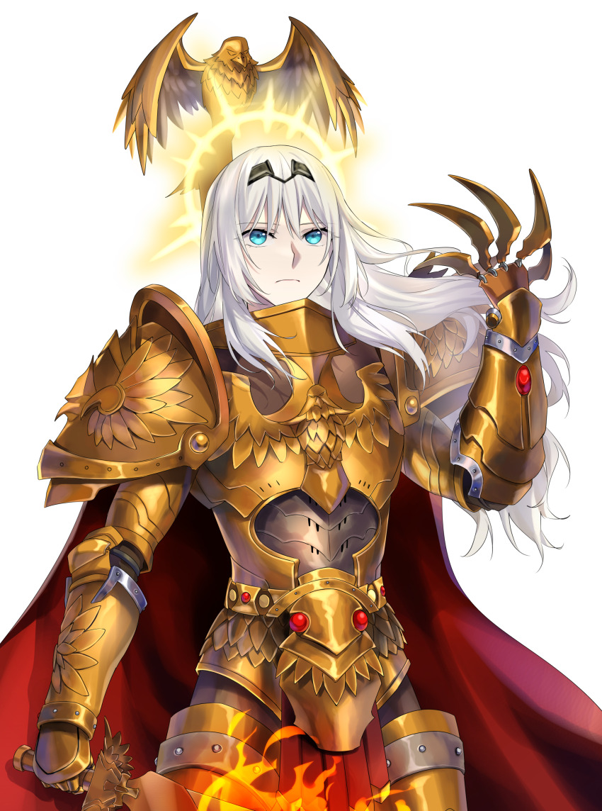 1girl absurdres an-94_(girls&#039;_frontline) aqua_eyes armor claws cloak commission cosplay cowboy_shot emperor_of_mankind emperor_of_mankind_(cosplay) fire flaming_sword flaming_weapon girls&#039;_frontline gold_armor grey_hair halo highres holding holding_sword holding_weapon long_hair pauldrons pixiv_commission power_armor red_cloak shoulder_armor solo standing suprii sword warhammer_40k weapon