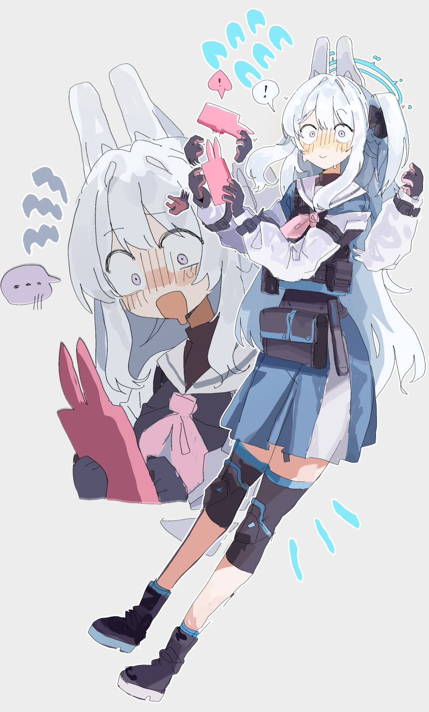 ... 1girl absurdres animal_ear_headphones animal_ears blue_archive blue_halo blush commentary_request fake_animal_ears halo headphones highres korean_commentary long_hair miyako_(blue_archive) multiple_views neckerchief odmised pink_neckerchief purple_eyes rabbit_ear_headphones school_uniform speech_bubble tactical_school_uniform white_hair wide-eyed