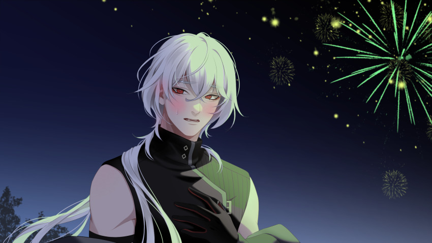 1boy a_date_with_death aegyo aerial_fireworks blush casper_(a_date_with_death) fireworks gradient_background hair_flowing_over hair_over_shoulder highres jacket jacket_partially_removed jellyfish_cut large_variant_set light_particles looking_at_viewer male_focus nervous night night_sky non-web_source official_art open_mouth red_eyes sky sleeveless sleeveless_turtleneck solo surprised tree turtleneck upper_body variant_set white_hair wide-eyed