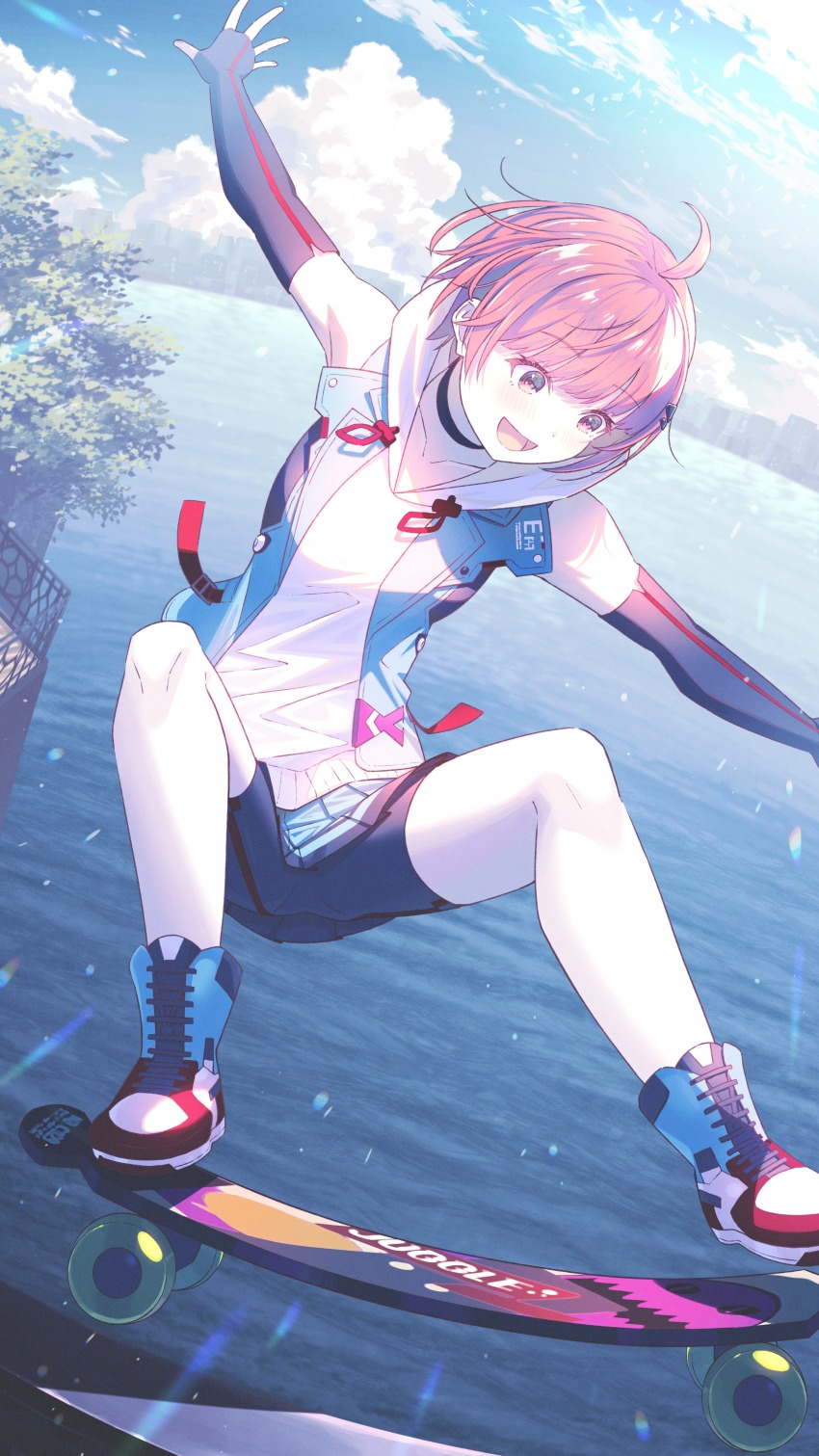 1girl absurdres ahoge blue_sky breasts heaven_burns_red highres hood hoodie koh_rd medium_breasts ocean ooshima_minori outdoors red_eyes red_hair second-party_source shoes short_hair shorts shorts_under_skirt skateboard skateboarding sky sneakers solo white_hoodie