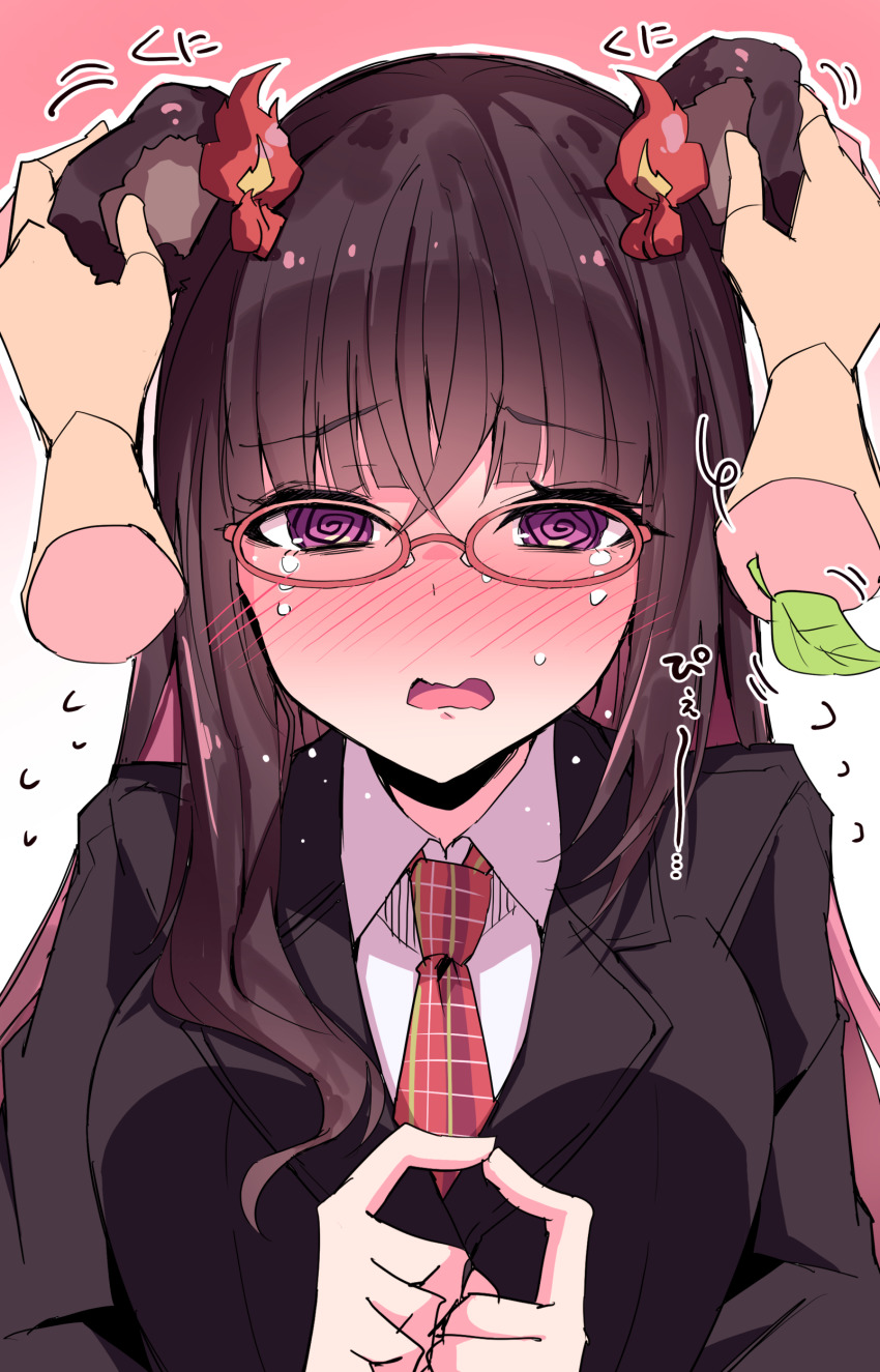 1girl @_@ absurdres animal_ears azur_lane black_jacket blazer blush breasts commentary_request embarrassed flower glasses head_hold highres himiya_jouzu jacket large_breasts leaf long_hair long_sleeves looking_at_viewer necktie official_alternate_costume purple_hair raccoon_ears red-framed_eyewear school_uniform shirt suruga_(azur_lane) suruga_(straightfaced_model_student)_(azur_lane) tanuki tearing_up tears white_shirt