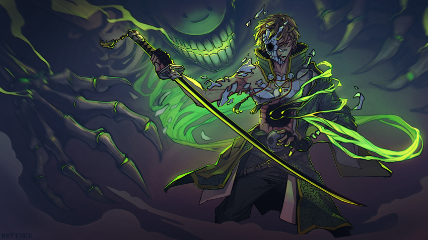 1boy belt blonde_hair broken_mask charm_(object) commentary cowboy_shot dream_(youtuber) dream_smp english_commentary green_eyes green_theme highres holding holding_sword holding_weapon looking_at_viewer male_focus mask minecraft_youtube monster neytirix painttool_sai_(medium) photoshop_(medium) short_hair smiley_face solo standing sword weapon