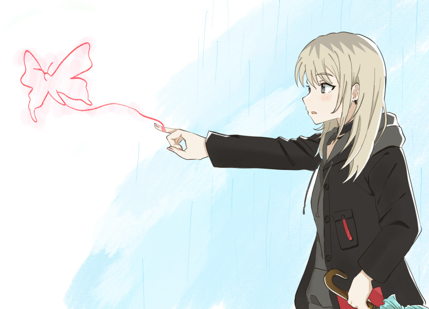 1girl black_choker black_jacket blush choker commentary_request earrings girls_band_cry grey_eyes grey_hair grey_hoodie holding holding_umbrella hood hood_down hoodie jacket jewelry kawaragi_momoka long_hair long_sleeves open_clothes open_jacket open_mouth rain sagittarius_(cruxhkg) sidelocks solo string string_of_fate umbrella