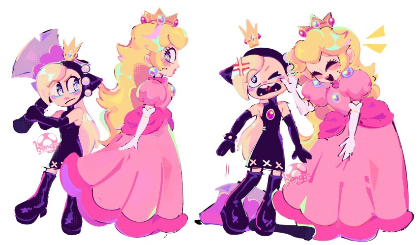 2girls bare_shoulders black_dress black_gloves blonde_hair blue_eyes boots bracelet crown dress elbow_gloves gloves highres honguito hood hood_up jewelry long_hair looking_at_another mario_(series) mario_power_tennis mario_tennis mini_crown multiple_girls nintendo pinching pinching_cheek princess_peach purple_gloves spiked_bracelet spikes warupeach