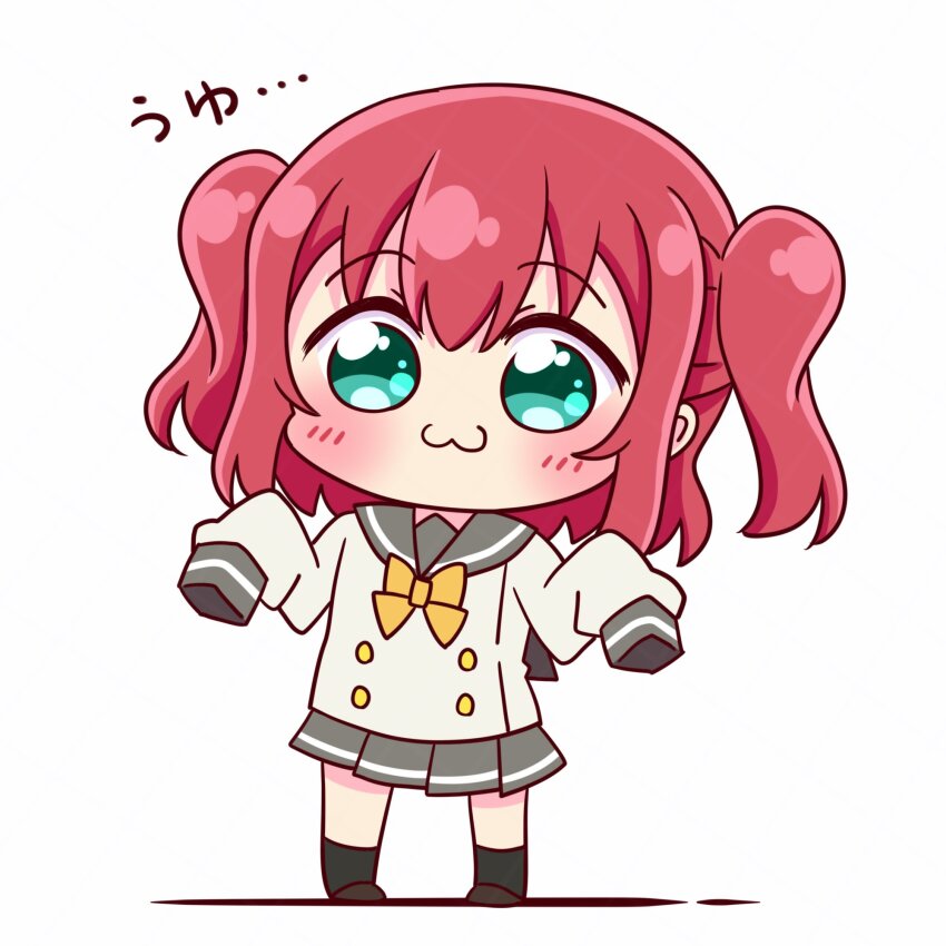 1girl aqua_eyes black_socks bow bowtie buttons chibi chibi_only commentary_request double-breasted full_body grey_sailor_collar grey_skirt highres kurosawa_ruby long_sleeves looking_at_viewer love_live! love_live!_sunshine!! medium_hair miniskirt pleated_skirt red_hair sailor_collar school_uniform serafuku shirt sidelocks simple_background skirt sleeves_past_fingers sleeves_past_wrists socks solo standing suppii translation_request two_side_up uranohoshi_school_uniform white_background white_shirt winter_uniform yellow_bow yellow_bowtie