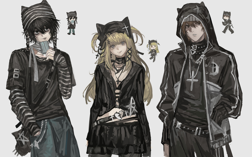 1girl 2boys amane_misa animal_ear_headwear animal_ear_hood animal_ears bag bags_under_eyes bandaged_neck bandages beanie belt black_bag black_bra black_choker black_hair black_hat black_jacket black_pants black_skirt blonde_hair bra breasts brown_hair cat_ears chibi chibi_inset choker closed_mouth cowboy_shot cross cross_hat_ornament cross_necklace death_note fake_animal_ears grey_hat hair_between_eyes half_updo hands_in_pockets hat heart_belt_buckle highres hood hood_up hooded_jacket huang_du_du jacket jewelry l_(death_note) long_hair long_sleeves looking_at_viewer loose_belt medium_breasts midriff multiple_boys necklace pants parted_lips shirt_under_shirt short_twintails shoulder_bag sidelocks skirt sleeves_past_wrists smile striped_hat striped_sleeves tongue tongue_out twintails underwear yagami_light yellow_eyes