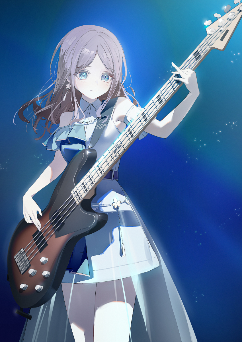 1girl absurdres bang_dream! bang_dream!_it&#039;s_mygo!!!!! bass_guitar blue_eyes brown_hair commentary detached_sleeves dress earrings bass_guitar esp_guitars highres holding holding_bass_guitar holding_instrument instrument jewelry long_hair luozhou_pile music nagasaki_soyo parted_bangs playing_bass_guitar playing_instrument sidelocks solo white_dress