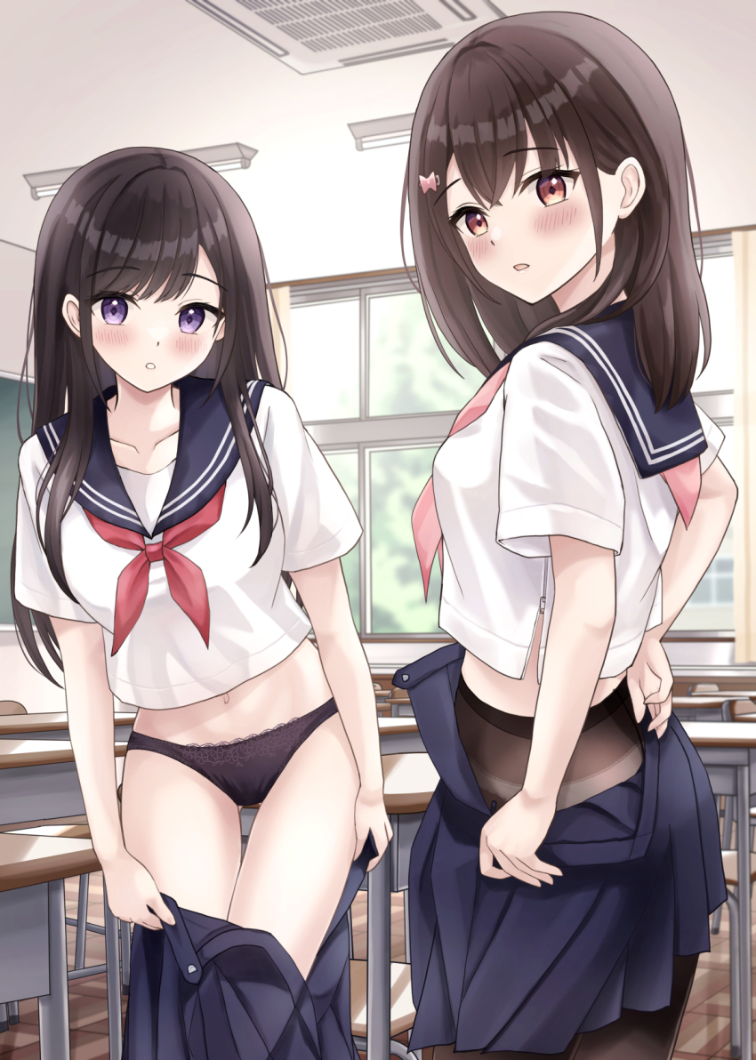 2girls black_panties black_pantyhose blue_sailor_collar blue_skirt blush brown_hair ceiling ceiling_light chair chalkboard classroom clothes_pull collarbone commentary_request crop_top cropped_shirt day desk fluorescent_lamp fuyuno_tsubaki_(yukimaru217) gluteal_fold grate hair_ornament harumiya_saki highres indoors long_hair looking_at_viewer midriff multiple_girls navel neckerchief open_clothes open_skirt original panties panties_under_pantyhose pantyhose parted_lips partially_unzipped pink_neckerchief pleated_skirt purple_eyes red_neckerchief sailor_collar school_chair school_desk school_uniform serafuku shirt short_sleeves skirt skirt_pull summer_uniform sunlight underwear undressing very_long_hair white_panties white_shirt window yukimaru217 zipper