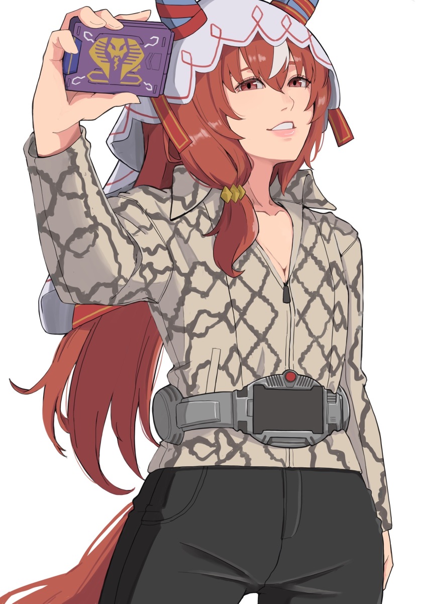 1girl absurdres advent_deck animal_ears breasts brown_hair casual commentary_request commission grin hair_between_eyes hair_ornament highres holding horse_ears horse_girl horse_tail kamen_rider kamen_rider_ouja kamen_rider_ryuki_(series) krim_(mvvs4747) long_hair red_eyes skeb_commission small_breasts smile solo still_in_love_(umamusume) tail umamusume v_buckle white_background