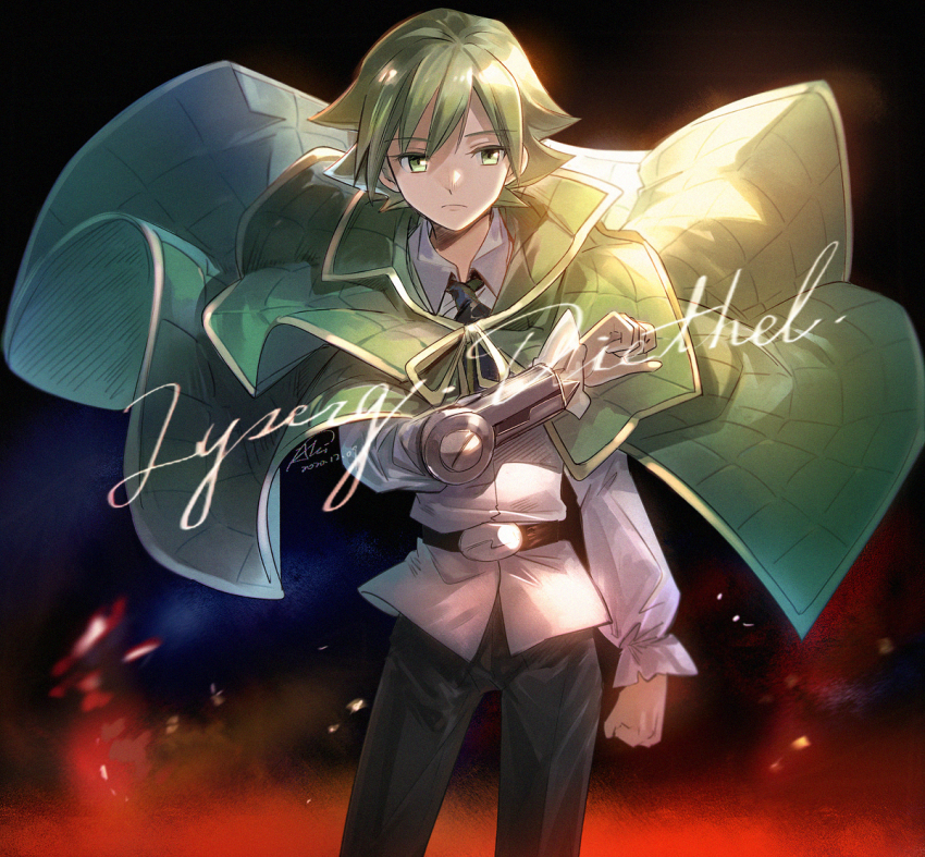 1boy aki_(neyuki41028) black_headband black_shorts border grey_hair headband jacket long_sleeves lyserg_diethel male_focus outside_border outstretched_arms shaman_king short_hair short_shorts shorts solo spiked_hair white_border white_jacket