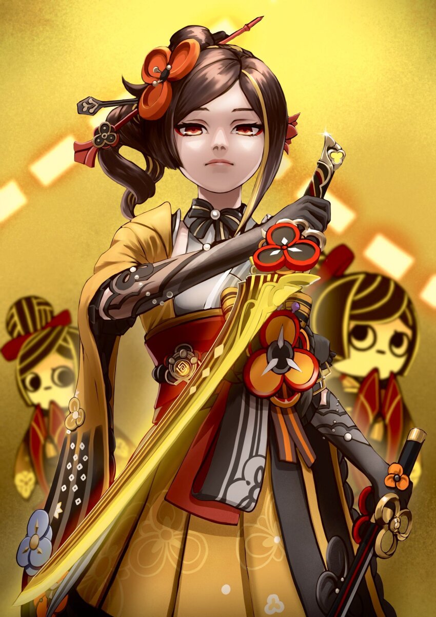 1girl black_gloves blonde_hair brown_eyes brown_hair chiori_(genshin_impact) dual_wielding eyeshadow frown genshin_impact gloves glowing grey_shirt hair_ornament hair_stick halter_shirt halterneck highres holding holding_sword holding_weapon japanese_clothes kimono looking_at_viewer makeup multicolored_hair orange_kimono red_eyeshadow reverse_grip shirt solo streaked_hair sumakun sword tamoto_(genshin_impact) vision_(genshin_impact) weapon