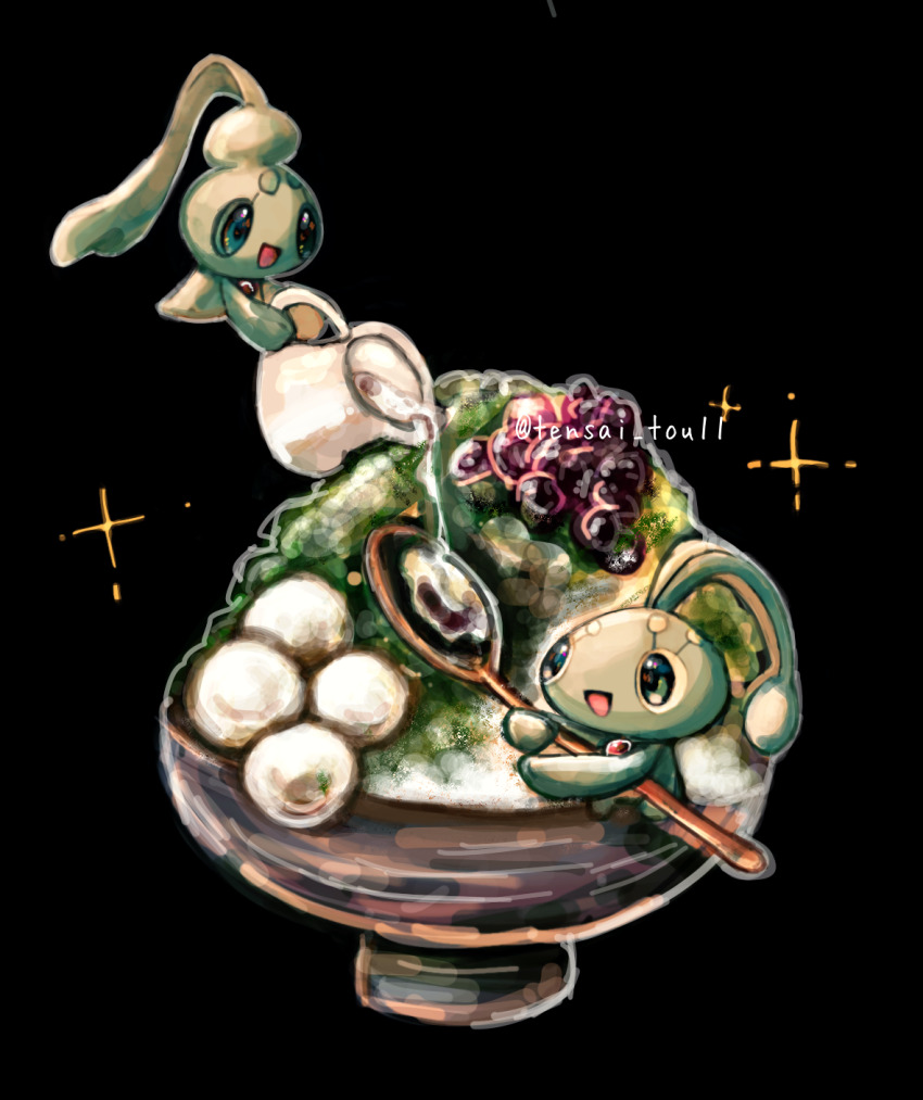 animal_focus artist_name black_background blue_eyes bowl chest_jewel dessert floating food food_focus gem gen_4_pokemon happy highres holding holding_spoon legendary_pokemon manaphy minimized mythical_pokemon neverland+ nintendo no_humans open_mouth phione pitcher_(container) pokemon pokemon_(creature) pouring red_gemstone shaved_ice signature simple_background smile sparkle spoon syrup twitter_username