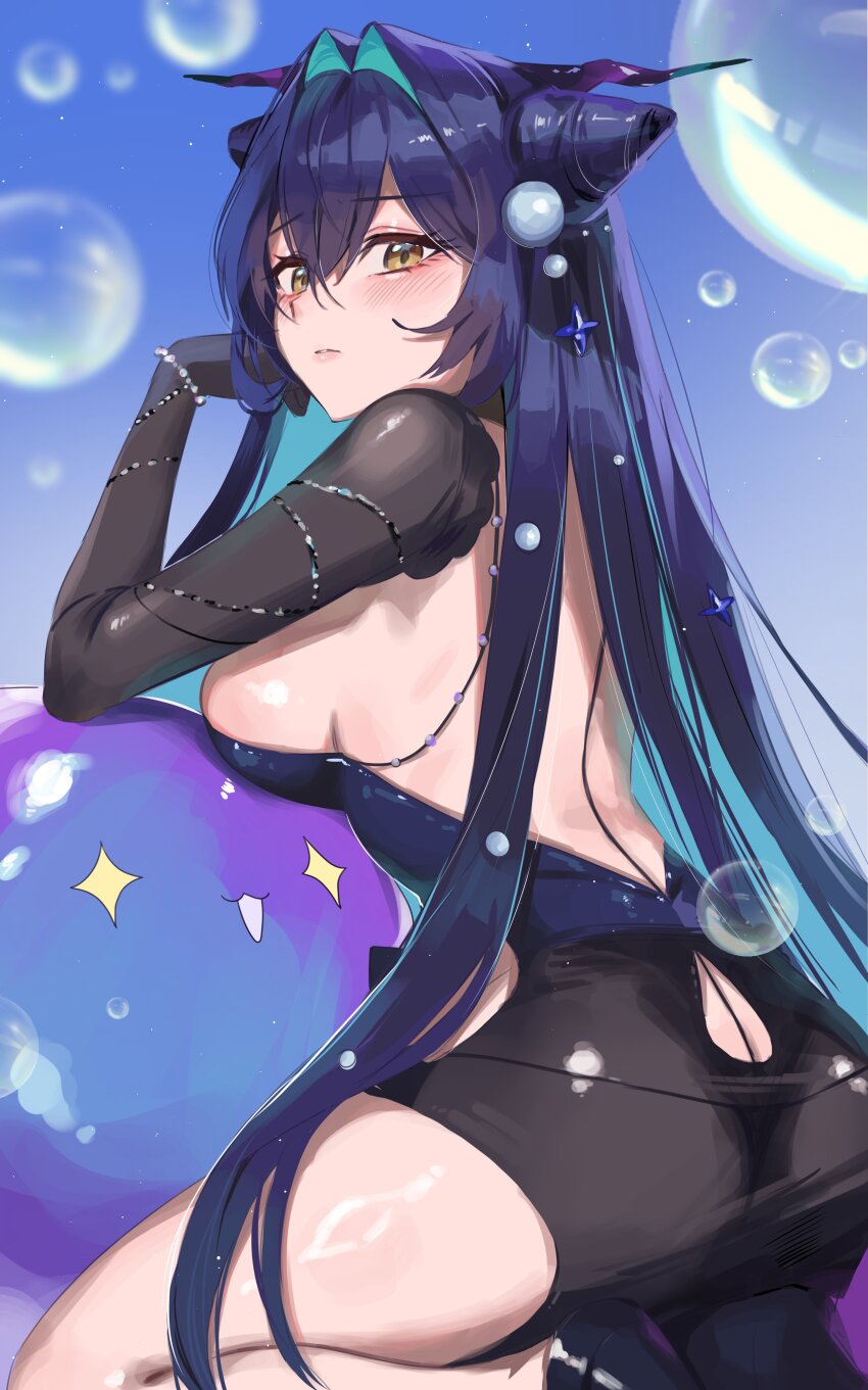 absurdres black_dress black_hair black_panties breasts bubble colored_inner_hair dress goddess_of_victory:_nikke green_hair high_heels highres hyuji_0w0 large_breasts little_mermaid_(abyss_flower)_(nikke) little_mermaid_(nikke) long_hair multicolored_hair official_alternate_costume panties panties_visible_through_clothes see-through_clothes see-through_dress seiza sideboob sitting thong two-tone_hair underwear very_long_hair yellow_eyes