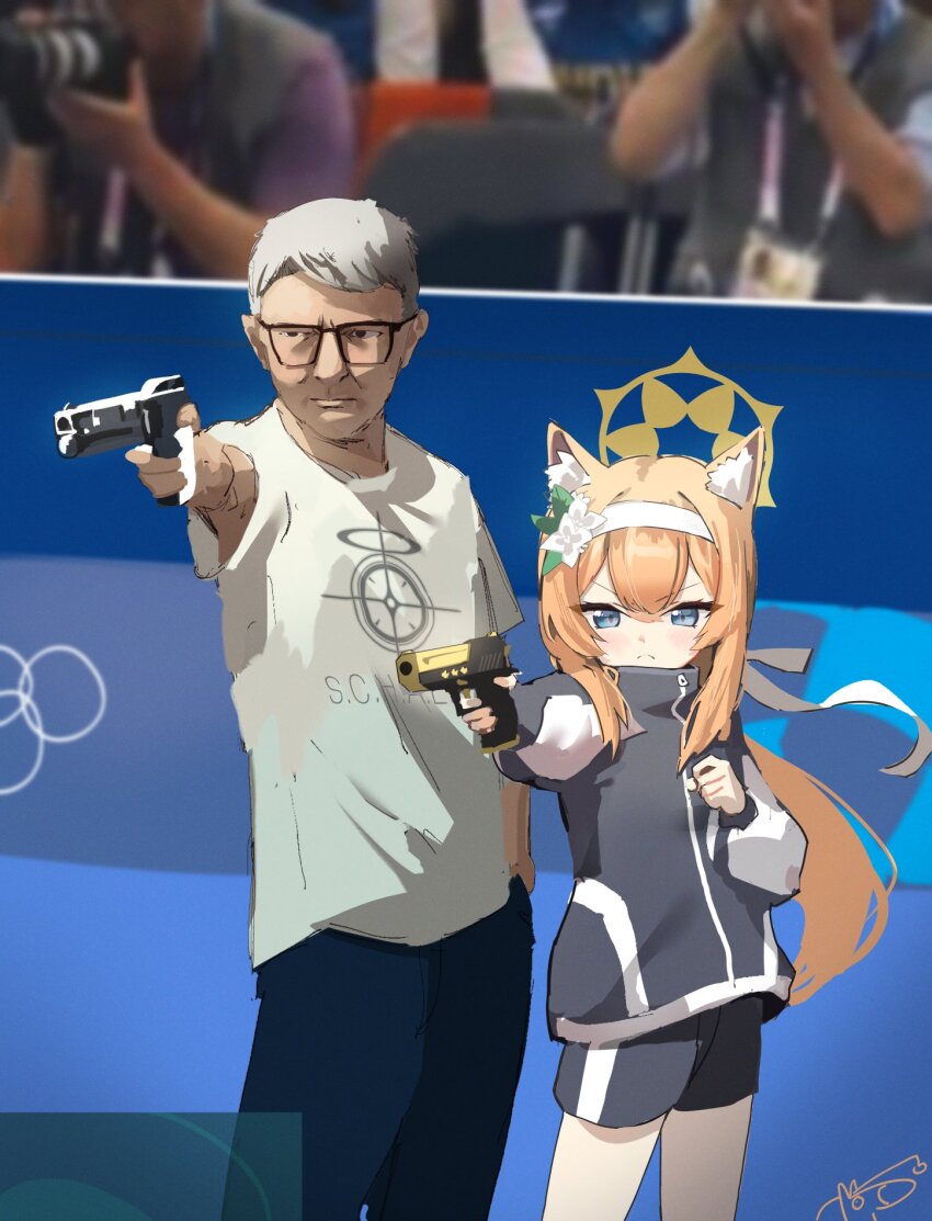 1boy 1girl 2024_summer_olympics aiming animal_ear_fluff blue_archive blue_eyes cowboy_shot dan_nako flower glasses gun gym_shirt gym_shorts gym_uniform hair_flower hair_ornament hairband halo hand_up handgun highres holding holding_gun holding_weapon jacket mari_(blue_archive) mari_(track)_(blue_archive) multicolored_jacket official_alternate_costume olympics orange_hair photo-referenced schale_logo shirt shorts signature thighs track_jacket two-tone_jacket weapon white_flower white_hairband white_shirt yellow_halo yusuf_dikec yusuf_dikec_(meme)