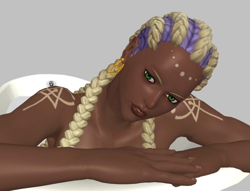 1girl bath bathtub bodypaint braid braided_ponytail dark-skinned_female dark_skin dolores_(kof) earrings gold green_eyes jewelry long_hair looking_at_viewer milk multicolored_hair purple_hair purrbomb42 the_king_of_fighters thick_lips two-tone_hair wet white_hair