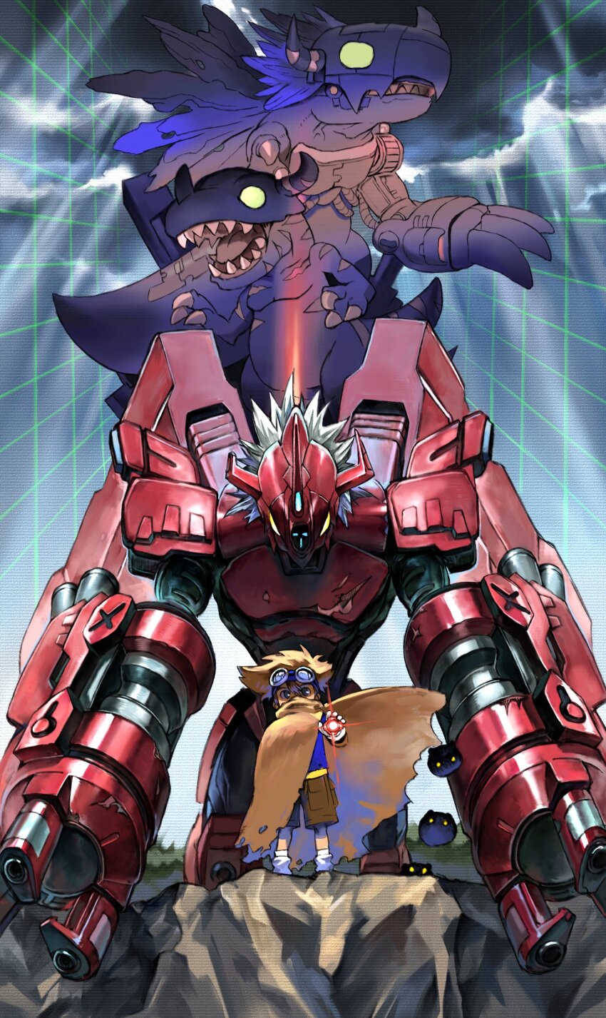 1boy absurdres arm_cannon armor blitzgreymon blue_shirt botamon brown_cape brown_hair brown_shorts cape commentary covered_mouth cyborg digimon digimon_(creature) digimon_adventure:_(2020) digivice dinosaur evolutionary_line full_body gloves glowing glowing_eyes goggles goggles_on_head green_eyes greymon hair_between_eyes hand_up highres holding horns level-00 looking_at_viewer loose_socks male_focus mecha metalgreymon plant robot sharp_teeth shirt short_hair shorts socks spiked_hair t-shirt teeth torn_cape torn_clothes torn_wings weapon white_gloves white_socks wings yagami_taichi yellow_eyes
