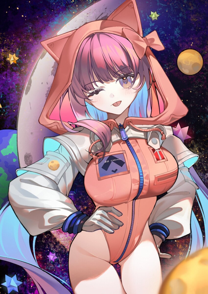 1girl amiably_02 animal_ear_hood animal_ears bb_(fate) bb_cosmo_(fate) blue_hair breasts cat_ears chinese_commentary colored_inner_hair cowboy_shot earth_(planet) fake_animal_ears fate/grand_order fate_(series) gloves grey_gloves grey_sleeves groin hair_ribbon hand_on_own_hip highleg highleg_leotard highres hood hooded_leotard large_breasts leotard long_hair long_sleeves looking_at_viewer multicolored_hair one_eye_closed pink_hood pink_leotard pink_ribbon planet puffy_long_sleeves puffy_sleeves purple_eyes purple_hair ribbon shrug_(clothing) single_sidelock solo space spacesuit stellated_octahedron thighs tongue tongue_out very_long_hair zipper
