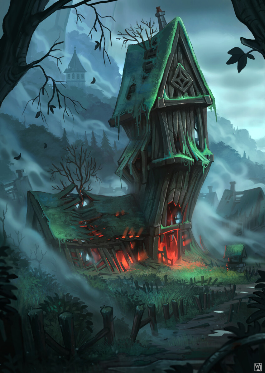 abandoned architecture artist_logo bare_tree building chimney cloud fantasy fog forest glowing grass highres logo mountain nature night no_humans original outdoors overcast rock scenery sky tower tree waltjan well