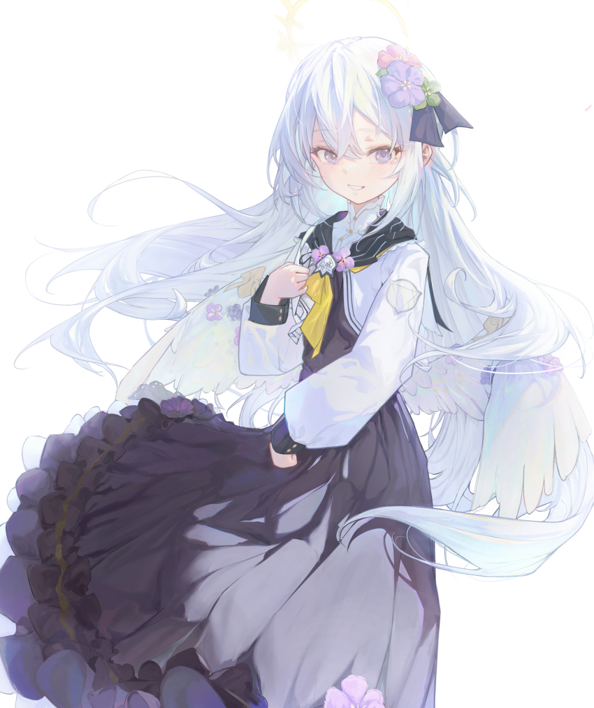1girl absurdres azusa_(blue_archive) black_dress blue_archive commentary commentary_request crossed_bangs dress english_commentary feathered_wings flower hair_flower hair_ornament halo highres long_hair looking_at_viewer low_wings nadenadesuki open_mouth simple_background solo teeth very_long_hair white_background white_hair white_wings wings yellow_halo
